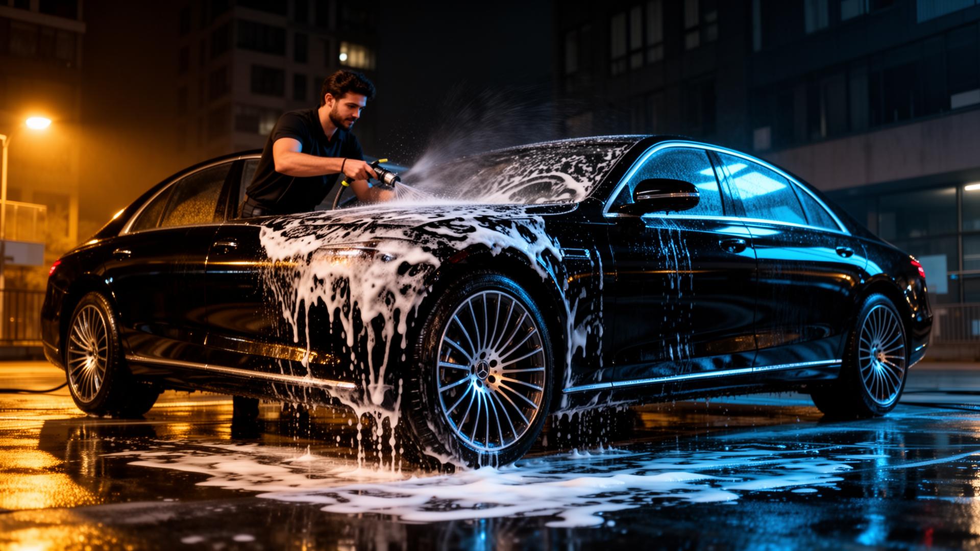 Lavagem automóvel premium ao domicílio em ambiente noturno
